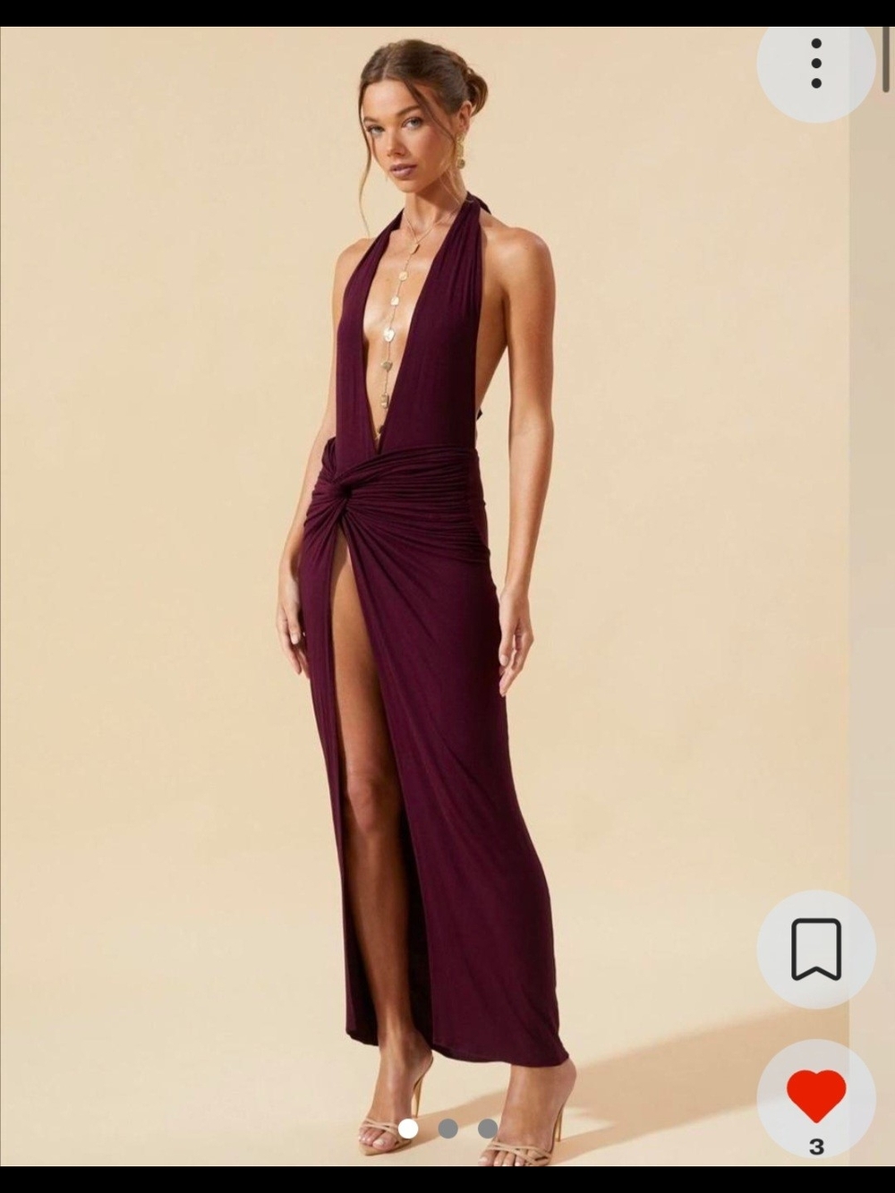Plunge Halter Knot-Front Maxi Dress in Deep Plum